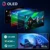 A marketing image showcasing the features of an OLED TV, with layered screen displays and a depiction of Dolby Atmos sound. Produktbild-Vorschau