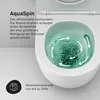 A close-up view of a toilet bowl with water swirling inside, illustrating the AquaSpin flushing system. Text describes the system's efficiency and water-saving benefits. Produktbild-Vorschau
