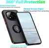 A phone case with a ring holder is shown with its features highlighted by text overlays. Produktbild-Vorschau