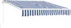 A blue and white striped awning extended from a white frame. Náhled obrázku produktu