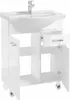 A white bathroom vanity with a sink and faucet, shown with one door and one drawer open. Náhľad obrázku produktu