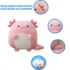 A collage of images showing a pink axolotl plush toy from different angles, including close-ups of its face and fins, and a sample of its stuffing. Produktbild-Vorschau