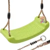 A close-up studio shot of a green plastic swing seat with brown ropes and black connectors, against a white background. A small tag with colorful dots and the text '10x' is attached to one of the ropes. Anteprima dell’immagine prodotto