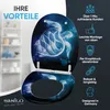 A toilet seat with a glowing turtle design is shown, with text highlighting its benefits. Produktbild-Vorschau
