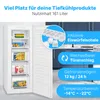 A white freezer is shown open, displaying its interior shelves and drawers. To the right, marketing text and graphics highlight features of the freezer. Produktbild-Vorschau