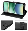 A black flip case for a smartphone, shown open with the phone inside and two close-up views of the case's details. Produktbild-Vorschau