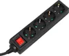 A black power strip with four sockets and a red on/off switch, shown against a white background. Náhled obrázku produktu