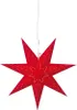 A red star-shaped lantern hanging from a white cord against a white background. Produktbild-Vorschau