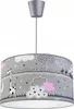 A children's ceiling lamp with a gray fabric shade featuring a whimsical pattern of giraffes, clouds, stars, and trees. Produktbild-Vorschau