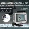 A close-up marketing image of an action camera with text overlays highlighting its features. Produktbild-Vorschau