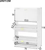 A white shoe cabinet with multiple flip-down compartments, shown with dimensions indicated by measurement lines and numbers. Náhled obrázku produktu