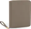 A taupe colored travel/tech organizer with a wrist strap is shown against a white background. Voir les images du produit
