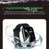 A smartwatch is shown partially submerged in water, with water splashing around it. Text overlays highlight its waterproof and dustproof features. Podgląd zdjęcia produktu