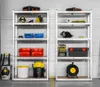 Two shelving units filled with various tools and storage containers in a workshop or garage setting. Produktbild-Vorschau