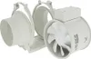 A white inline duct fan with two duct adapters attached. Náhled obrázku produktu