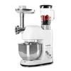 A white kitchen appliance with multiple attachments, including a meat grinder and a blender jar filled with berries, is displayed against a white background. Produktbild-Vorschau