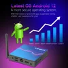 A marketing image for an Android TV box, showing the device with a graphic representing OS version progression and the Android mascot. Podgląd zdjęcia produktu