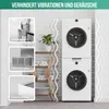 A stacked washing machine and dryer unit is shown in a laundry room setting, with callouts highlighting product features. Voir les images du produit