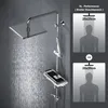 A shower system with a large overhead showerhead and a handheld showerhead, shown in a bathroom setting. The image also includes marketing graphics comparing shower coverage sizes. Produktbild-Vorschau