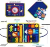 A collage of images showing a sensory busy board with various interactive elements and a puzzle. Produktbild-Vorschau