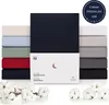 A stack of folded fitted sheets in various colors, with a central package displaying product information and cotton bolls in the foreground. Anteprima dell’immagine prodotto