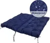 A dark blue tufted cushion for outdoor furniture, shown on a white background with a close-up inset highlighting its waterproof feature. Produktbild-Vorschau
