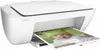 A white HP Deskjet 2130 printer is printing a document with a picture of a baby on it. Produktbild-Vorschau