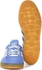 A pair of blue and white Adidas Gazelle Indoor sneakers shown from the front and sole view. Produktbild-Vorschau