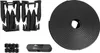 A collection of black accessories for a robotic lawnmower, including boundary markers, a boundary wire spool, and a control unit. Produktbild-Vorschau