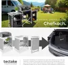 A collage showing a camping kitchen in use outdoors, its components, and being packed into a car. Produktbild-Vorschau