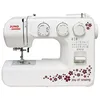 A white sewing machine with decorative maroon floral patterns and text. Produktbild-Vorschau