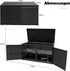A diagram showing the dimensions of a black rattan storage box. Voir les images du produit