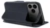 A dark blue flip case for a smartphone is shown from a side angle, with the phone partially inserted and its camera array visible. Produktbild-Vorschau