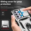A hand is shown holding a silver phone case with a sliding camera cover, demonstrating its privacy features. Produktbild-Vorschau