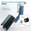 A person is pulling a dark green suitcase, with a close-up diagram of a wheel assembly. Produktbild-Vorschau
