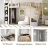 A collage of images showing a loft bed with integrated storage, a desk, and a wardrobe, along with close-ups of storage and wardrobe features. Voir les images du produit