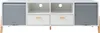 A white and gray television stand with wooden legs and handles. Náhľad obrázku produktu