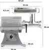A side view of a silver electric meat grinder with dimensions indicated by text and lines. Produktbild-Vorschau