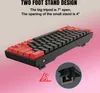 A keyboard with red and black keys is shown with text and diagrams explaining its stand design. Produktbild-Vorschau