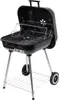 A black charcoal grill with a silver stand and wheels, shown from a front-diagonal angle against a white background. Podgląd zdjęcia produktu