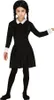 A young girl dressed in a Wednesday Addams costume, standing against a white background. Produktbild-Vorschau