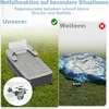 A split image showing an inflatable bed on the left and a deflated air mattress on the right, with text overlays. Produktbild-Vorschau