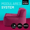 A magenta beanbag chair is shown against a split cyan and magenta background, with text and icons indicating product features. Produktbild-Vorschau