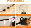 A collage of four images showing details of a string light product. Produktbild-Vorschau