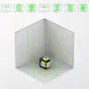 A 3D laser level device is shown inside a white cube, projecting green laser lines onto the walls, floor, and ceiling. Above the cube, there are diagrams illustrating different laser line configurations. Produktbild-Vorschau