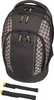 A black backpack with a checkered pattern and yellow accents, shown against a white background. Two black straps with yellow ends are placed below the backpack. Produktbild-Vorschau