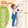 A child hugging a large white teddy bear, with marketing text and icons on the left side. Anteprima dell’immagine prodotto