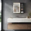 A modern bathroom with a floating vanity, integrated sink, and a lighted medicine cabinet. Produktbild-Vorschau