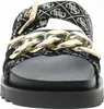 A close-up front view of a black sandal with a gold chain detail and a Guess logo pattern. Podgląd zdjęcia produktu