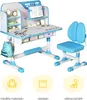 A child's desk and chair set with storage and organizational features, presented with illustrative icons highlighting its benefits. Produktbild-Vorschau